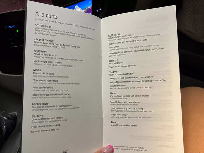 The dinner and breakfast menu were super extensive and featured options like Asian-style sea bass, greek yogurt with berries and crunchy granola, and much, much more.