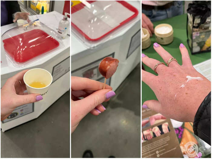 2. When walking around the store, customers will come across free food tasters and product samples. We sampled fruit juice, beef hot dogs, and aloe vera hand cream.