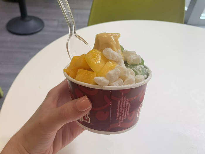 I loaded up a small cup with $7.64-worth of mango frozen yogurt, fruit, and mochi. Considering the serious heat this summer, I was glad of the cold, sweet afternoon treat.