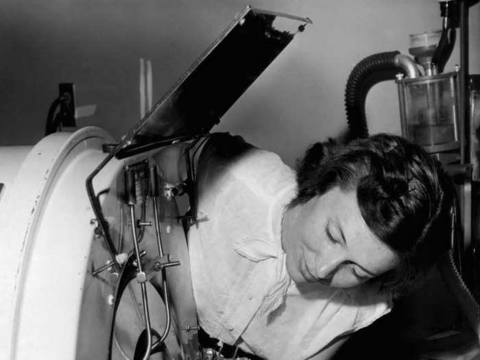 June 24, 1959: nearly 2-year-old Diane Sawyer in an iron lung due to paralysis from polio from the neck down.