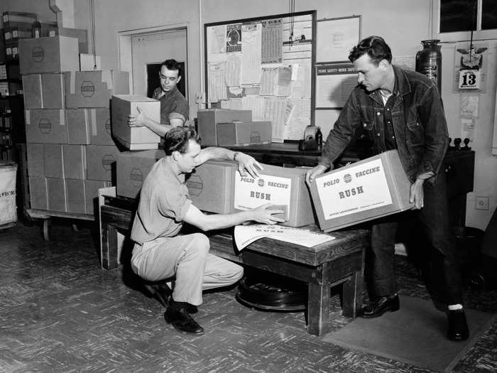 April 13, 1955: Vaccines are prepared to be distributed around the West Coast from Cutter Laboratories in Berkeley, California.