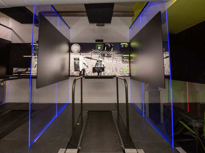 To create a more immersive run, every treadmill faces a large monitor and is separated from its neighboring equipment with tall black barriers to "create an illusion of light flow," Sid Raman, the founder of Roam149 and a passionate trail runner.