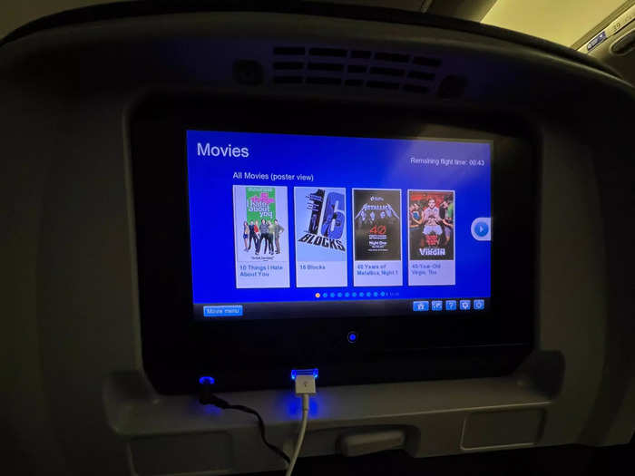 I used the seatback screen for entertainment and watched a few movies on the six-hour flight, including the comedy classic 10 Things I Hate About You.