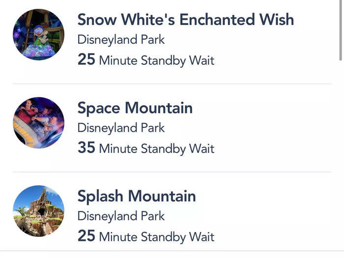 At Disneyland, the attraction wait times ranged from 15 to 60 minutes.