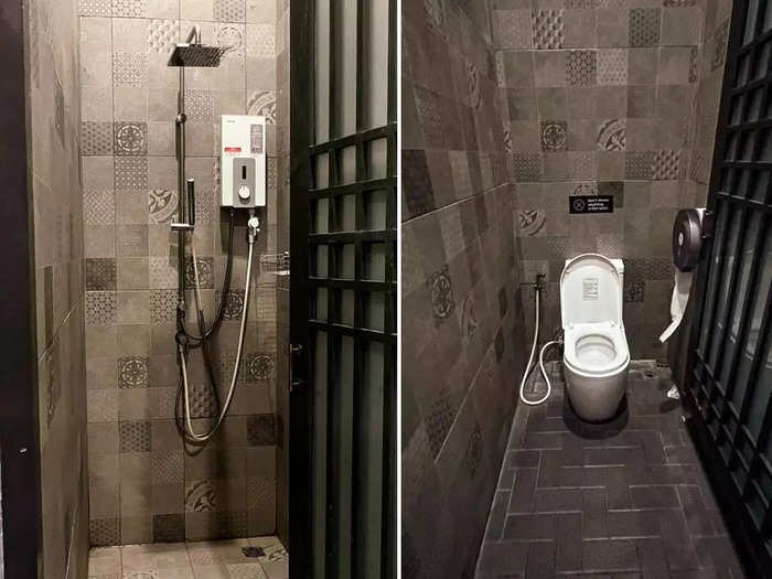 The bathrooms had two kinds of stalls: one was for showering, and another had a toilet.