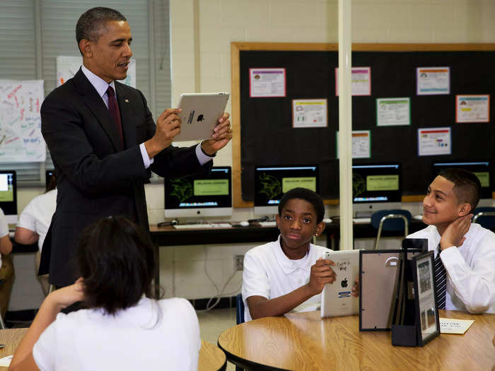 2014: President Barack Obama recorded seventh graders at Buck Lodge Middle School in Adelphi, Maryland, on a classroom iPad.