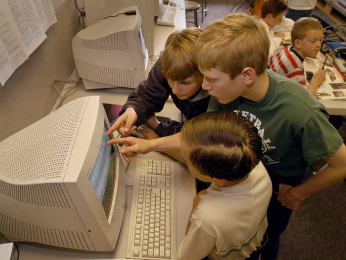 2003: Sixth-graders worked together on the computer in their English class in Kimberly, Idaho.