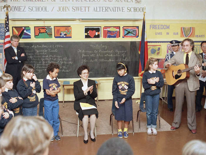 1986: Fifth graders of the John Swett Alternative School in San Francisco, California, sang for Philippine President Cory Aquino.