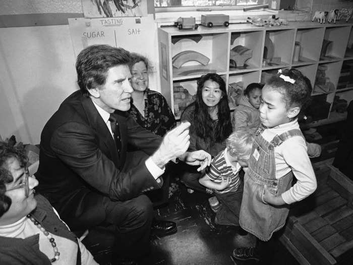 1984: Democratic presidential contender Gary Hart talked to a pupil at the Garden Day Care Center Nursery School in New York.