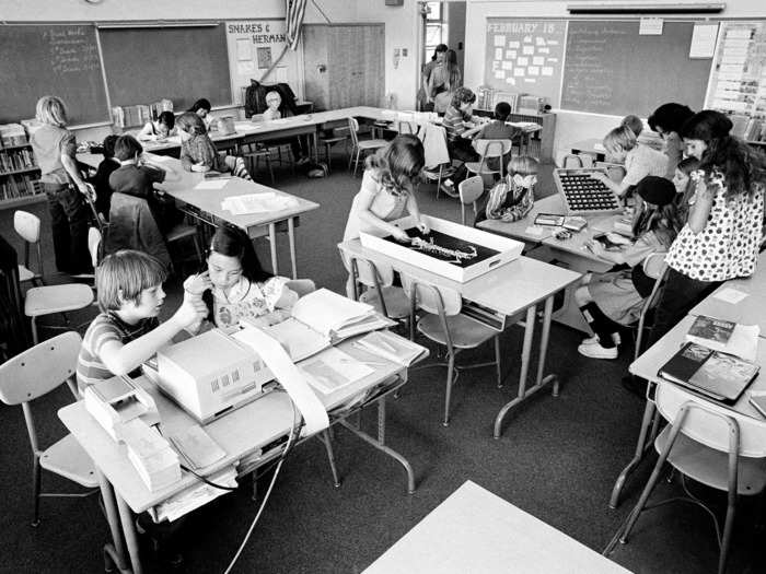 1973: Gifted children at President Avenue Elementary School in Los Angeles, California, worked with small computers, rabbit skeletons, and microscopes.