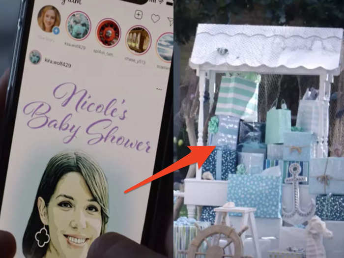 Natalie scrolls past a post for the baby shower she later attends.