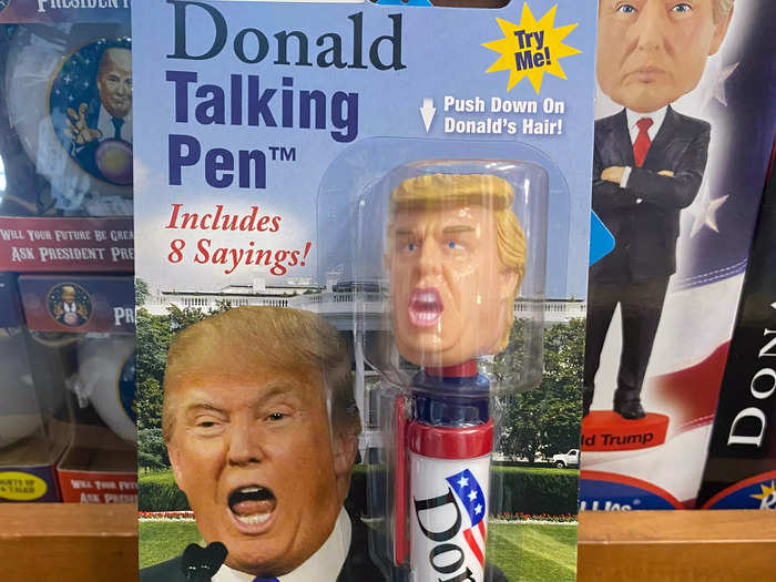 Customers can also snap up talking items such as a pen that, with the push of a button, promises to belt out some of Trump