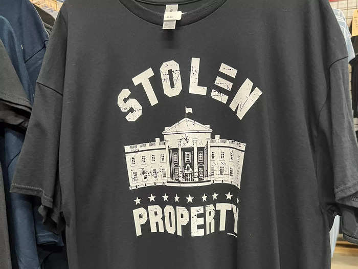 There are also shirts that take a not-so-subtle stab at the Democratic Party, such as this "stolen property" one …