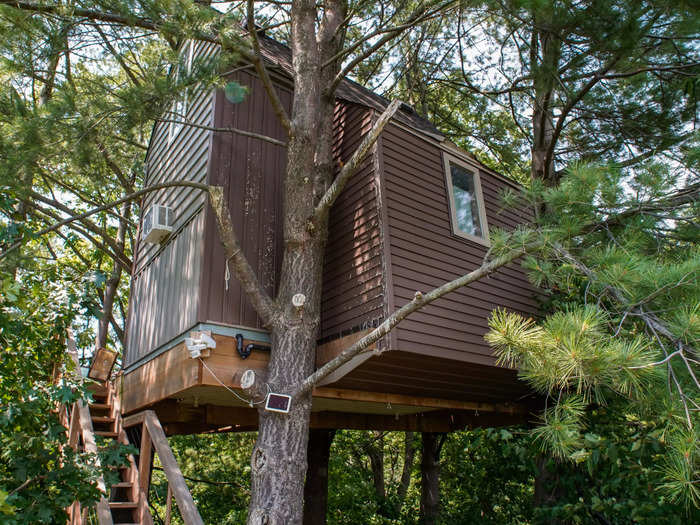 About 20 minutes west of Niagara Falls, Canada, is a house built on eight pine trees set 10 feet off the ground.