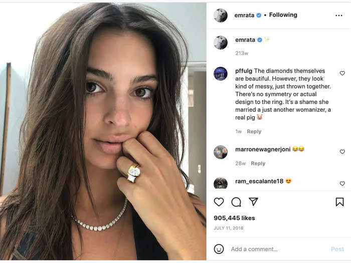 Emily Ratajkowski also waited until July 2018 to give fans a close-up look at her unique ring from Sebastian Bear-McClard.