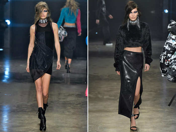 While Gigi and Bella walked the runway separately at the 2017 Versus show, they walked with matching gothic makeup and hair.