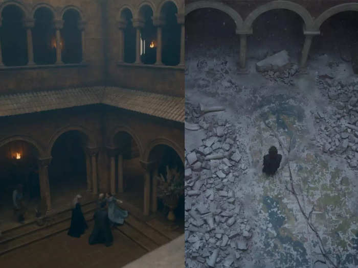 Rhaenyra and Alicent walk through the Red Keep in a familiar room.