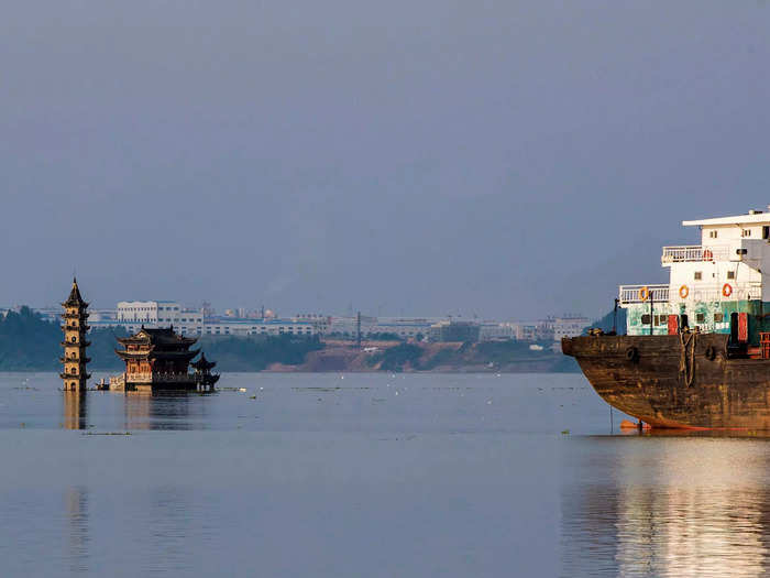 The islet was inundated by flood waters in July 2020 when the Poyang lake swelled.