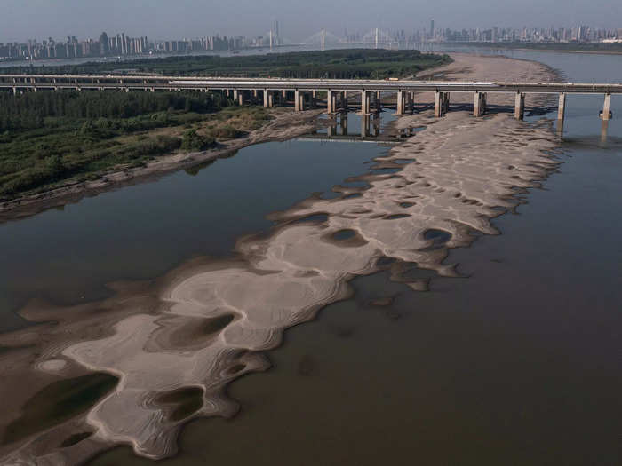 A sand beach lies exposed in Wuhan, Hubei province.