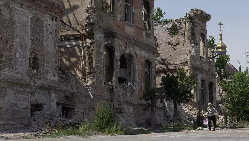 A view of the building after the Russian shelling hit civilian settlements in Mariupol, Ukraine on August 01, 2022