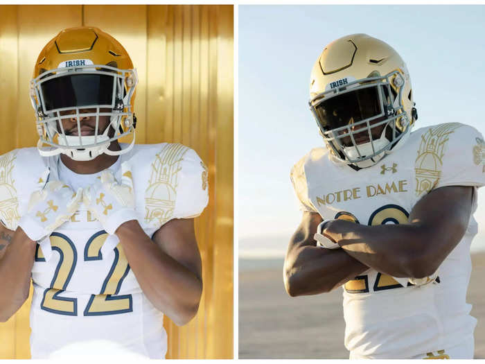 Notre Dame announced its 2022 Shamrock Series with a spoof on "The Hangover," as the Fighting Irish will play BYU in Las Vegas. The uniforms are crisp with white and gold, even featuring the Notre Dame Golden Dome on the shoulders.