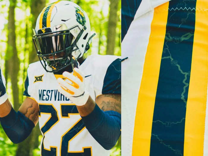 West Virginia will don their "Country Road" uniforms for the Backyard Brawl game against Pitt. The jersey sleeves and helmet feature road maps.