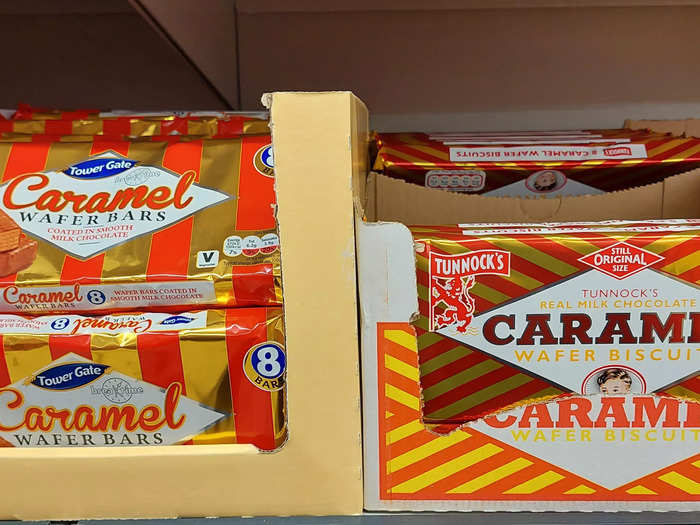 While Lidl sells some big-name brands, it mainly sells own-label products. Just like at Aldi, some of its products appear to be based closely on popular brands, and in many cases were displayed right next to them but sold for much lower prices. Chocolate biscuits made by Tunnock