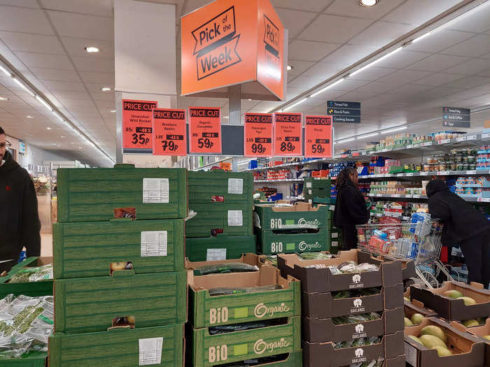 We quickly spotted the bargains at both stores. The UK store had a display of six "pick of the week" fruit and vegetables by its entrance, with prices down by as much as 46%. Aldi similarly has a "super 6" promotion of discounted fruit and vegetables each week.