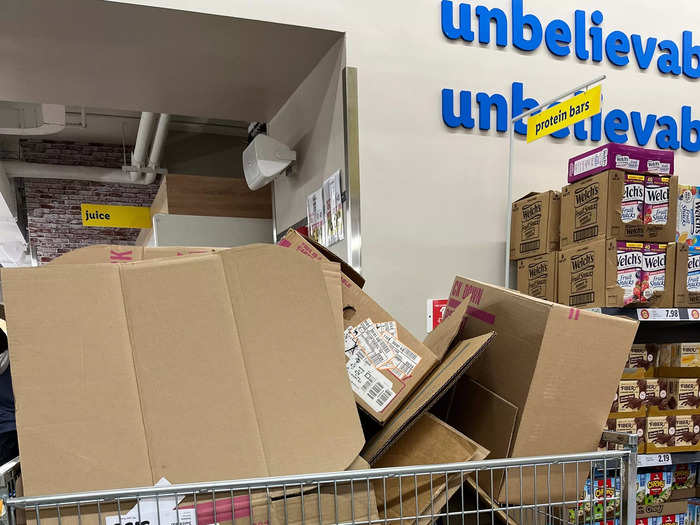 We visited at peak grocery shopping hours — after 4 p.m. on a Sunday — and it looked like shelves were being actively restocked. We did spot a cart filled with the boxes that products came in tucked away towards the back, though.