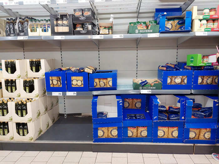 Rather than unpacking products in rows on its shelves, Lidl displays them in the crates and boxes they