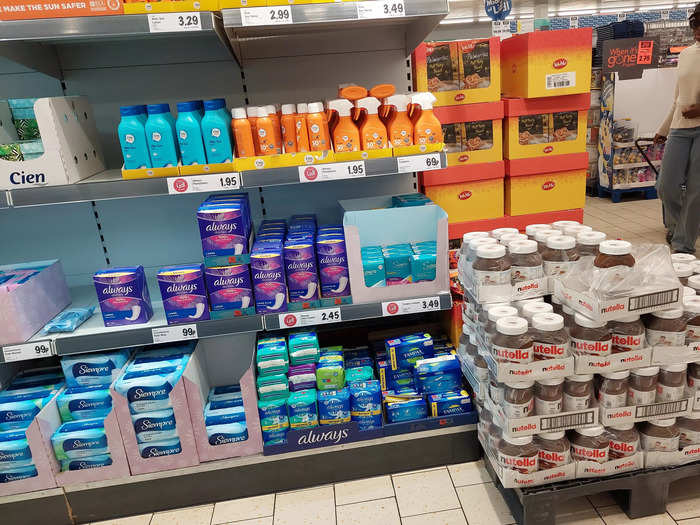 Some of the products were in strange places, like this pallet of Nutella next to the sanitary products.
