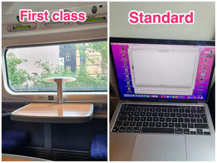 My first-class seat had a table where I could place my belongings, whereas in the standard carriage I had to put my laptop on my lap.