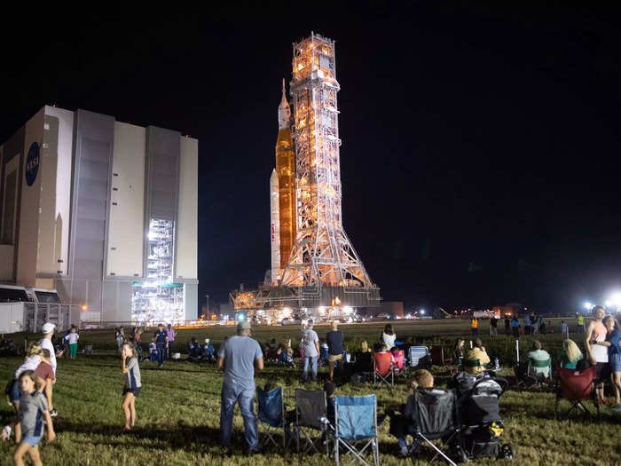 The rocket rolled 4 miles through the dark to Launch Pad 39B. Traveling at a glacial pace of 1 to 2 miles per hour, the trek took more than 10 hours.