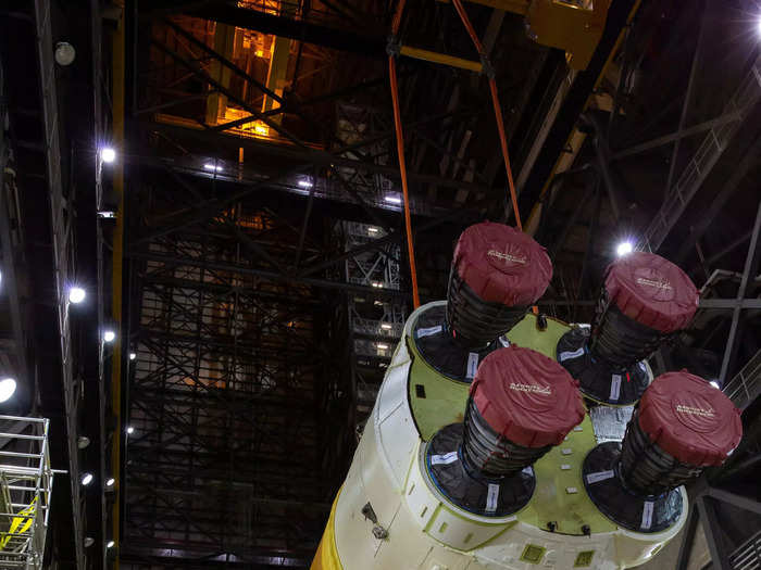 The first sign of the SLS rocket coming to life, in the final seconds before launch, will be the ignition of four RS-25 engines that make up its core stage.