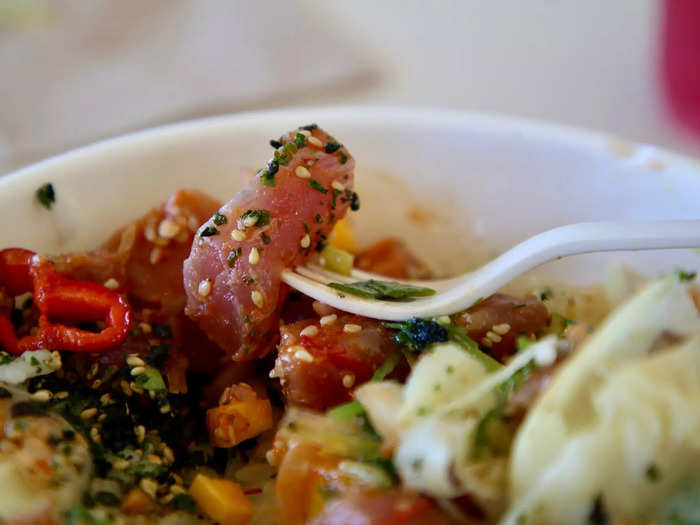 The bowl itself cost $14, which is slightly pricier than Chipotle or Qdoba, but felt reasonable for a dish that contained tuna and mango, plus other vegetables.