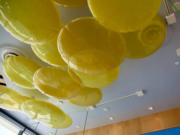 Even the ceiling ties into the design theme, with these large yellow bulbs that felt almost whimsical.