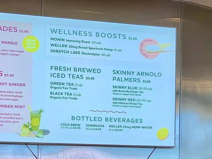 There were also wellness boosters, iced tea, Arnold Palmers, and some drinks I wasn