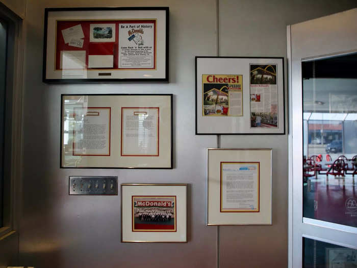 Information about original CEO Ray Kroc and early franchisees was posted  over all the walls.