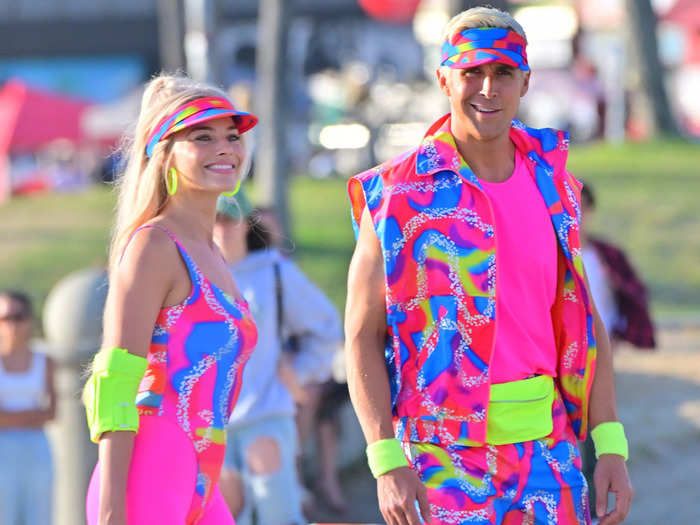 Margot Robbie and Ryan Gosling shooting scenes for the "Barbie" movie in Venice Beach, Los Angeles in June.