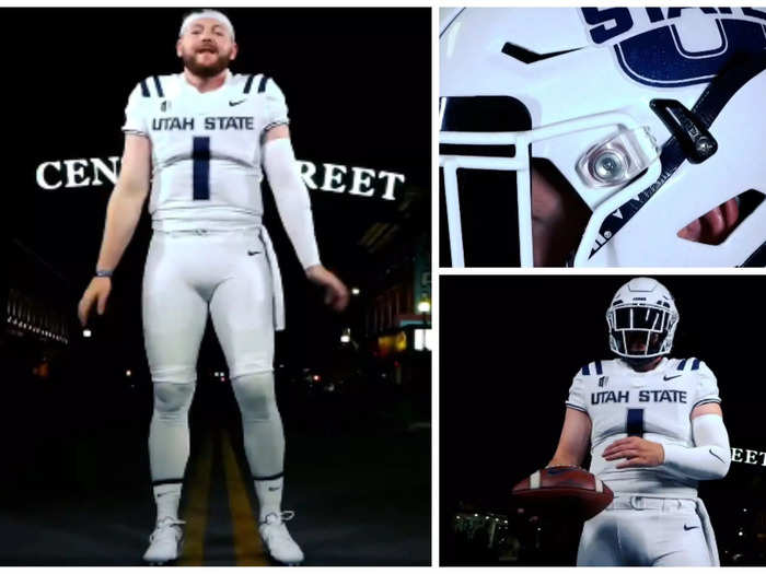 Utah State has a new all-white uniform. The biggest differences appear to be adding more traditional stripes to the tops of the shoulders and removing the old sleeve pattern on the sides and the blue collar.