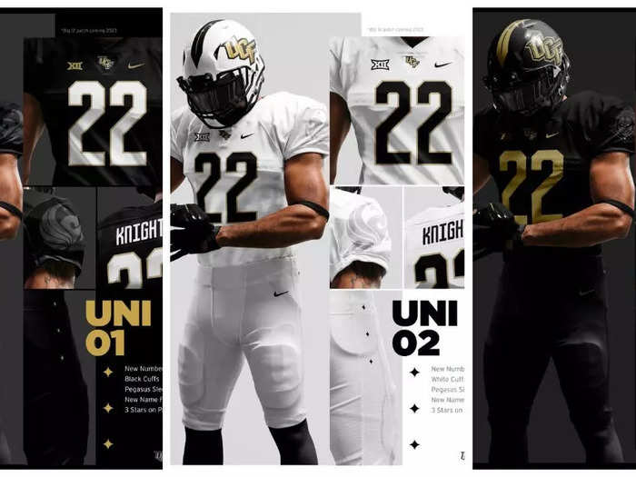 UCF refreshed its entire uniform lineup with an all-white set and two black uniforms. The gold helmet, which now has a white logo, will be worn with the black-and-white uniform now, instead of the white jersey and black pants combo. They also no longer have a grey jersey.