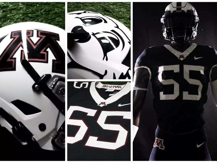 Minnesota has a new black and white uniform. The white helmet has the M logo on one side and the gopher on the other. It will be worn with a black jersey and pants.