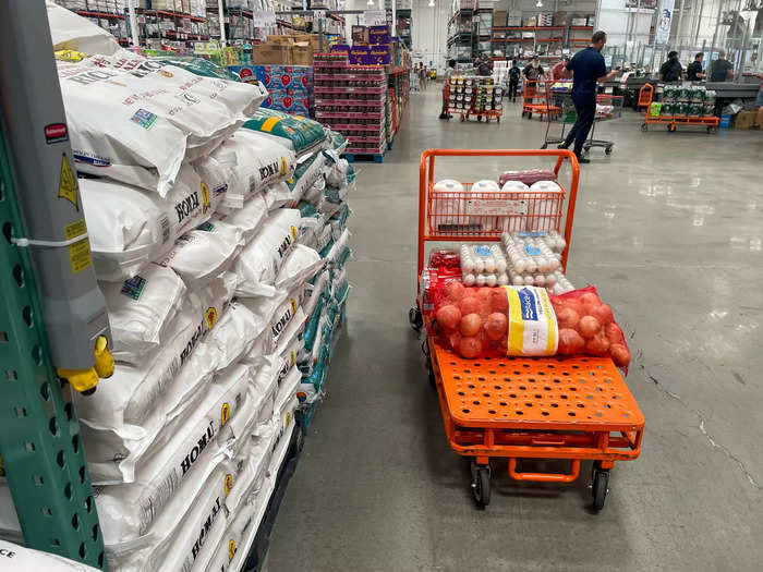 At the Business Center, many everyday products are sold in quantities so large and heavy, that shoppers have to use a platform cart instead of a traditional shopping cart.