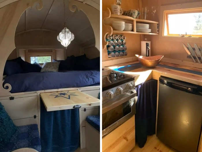 Fisher was able to fit a fridge, a cooking range, a sink, and even a full-sized memory foam mattress inside the tiny home.