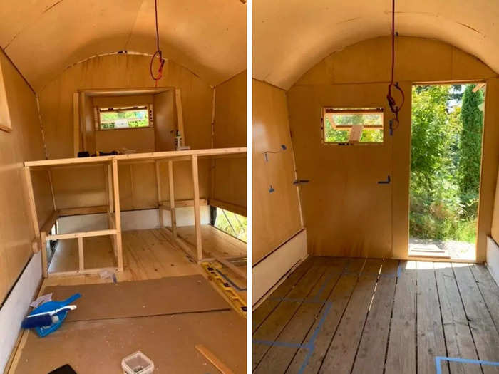 Before starting on the carpentry work, Fisher carefully marked her ideal floor plan and sectioned out space for her sleeping loft and kitchenette.