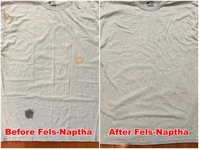 Upon close inspection, I realized the Fels-Naptha shirt came out completely clean.