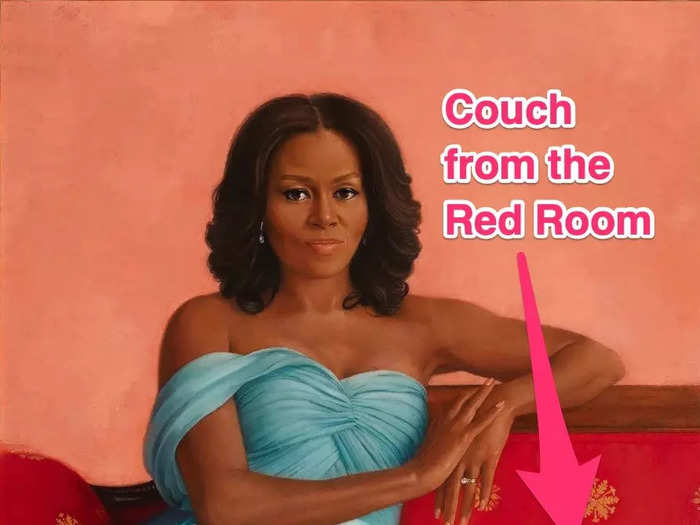 She is pictured sitting on a piece of furniture from Red Room of the White House, though she actually sat for her portrait in the Blue Room.