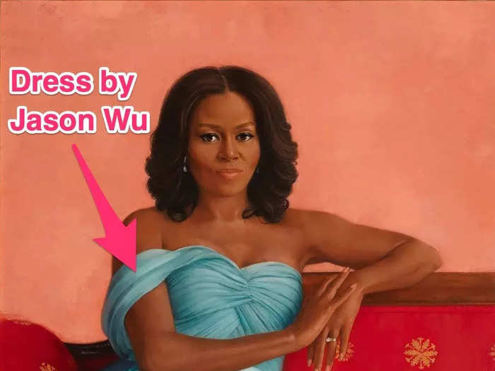 In the portrait, Michelle wears a blue dress by designer Jason Wu.