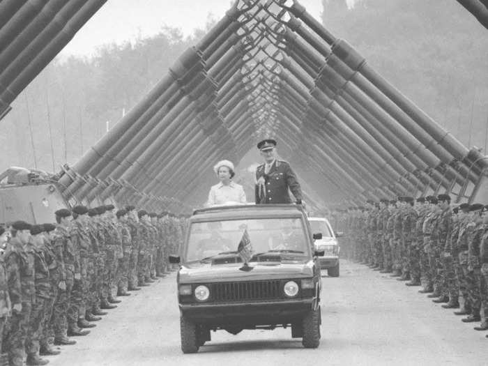 1984: Queen Elizabeth II arrived through the avenues of guns during the second day of her review of the Royal Regiment of Artillery in Dortmund, Germany, in May.