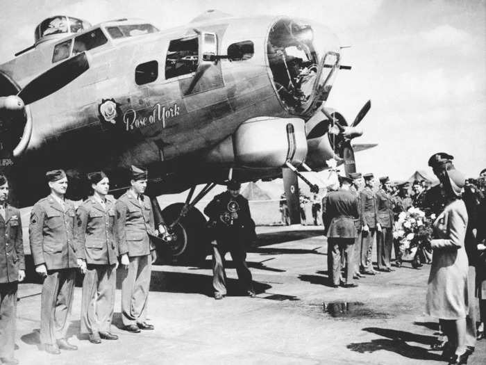 1944: Though the young royals were moved to Windsor castle for their safety during the war, Princess Elizabeth regularly greeted the troops before they began bombing raids.